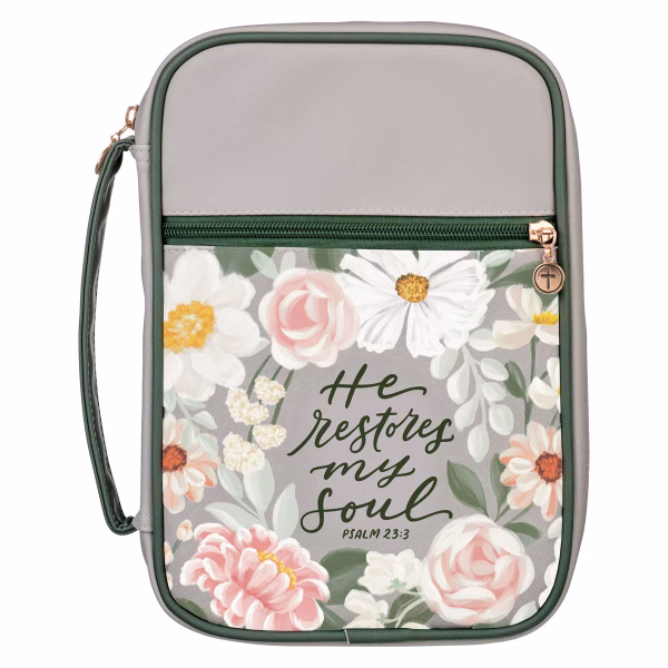 BBL876 He Restores My Soul Gray Faux Leather Fashion Bible Cover - Psalm 23:3