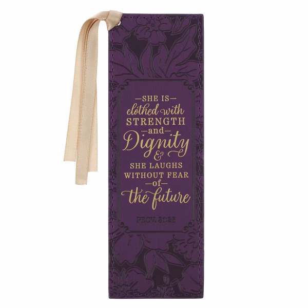 BMF189 Strength and Dignity Purple Rose Faux Leather Bookmark' - Proverbs 31:25