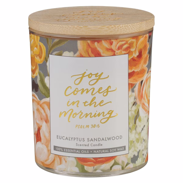CDL049 Joy Comes in the Morning Eucalyptus Sandalwood Scented Candle in a Glass Jar - Psalm 30:5