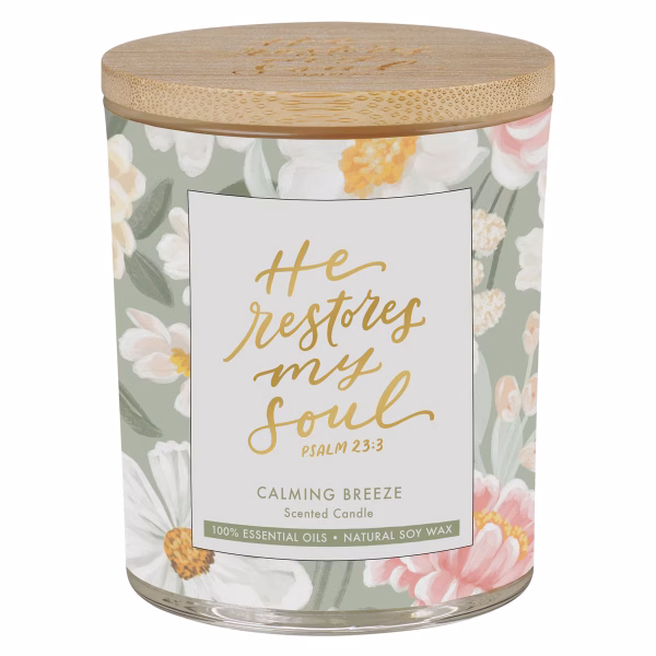 CDL050 He Restores My Soul Calming Breeze Scented Candle in a Glass Jar - Psalm 23:3