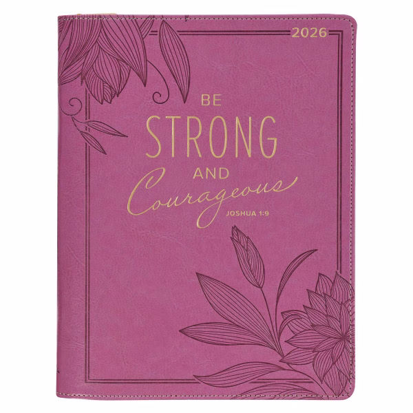 DPW357 2026 Strong and Courageous Large Bright Pink Faux Leather Zippered 18-month Planner for Women - Joshua 1:9