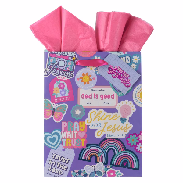 GBA465 Shine for Jesus Purple Sticker Medium Gift Bag - Matthew 5:16