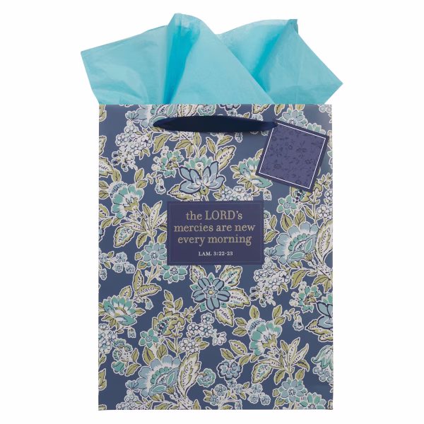 GBA472 Morning Mercies Blue Green Floral Large Gift Bag Lam 3:22-23