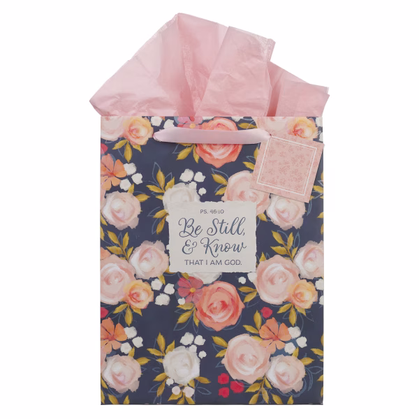 GBA483 Be Still and Know Painted Peonies Large Portrait Gift Bag - Psalm 46:10
