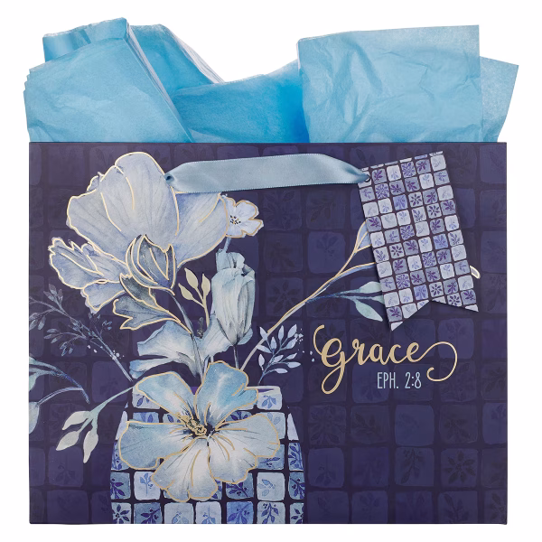 GBA493 Grace Blue Floral Tile Large Landscape Gift Bag - Ephesians 2:8
