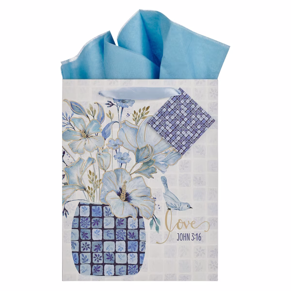 GBA495 Love Blue Mosaic Tile Large Portrait Gift Bag - John 3:16