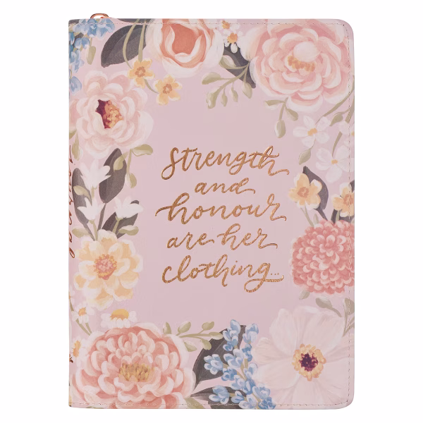 JL875 Strength and Honor Pink Floral Faux Leather Classic Journal with Zipper Closure - Proverbs 31:25