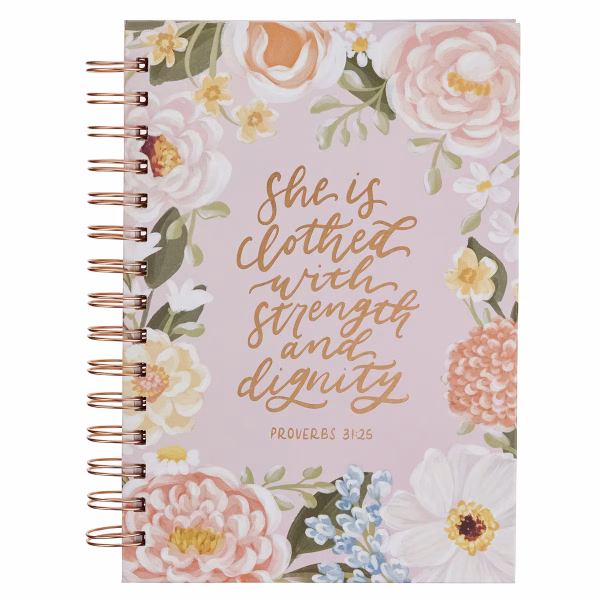 JLW234 Strength and Dignity Pink Floral Spiral Journal - Proverbs 31:25