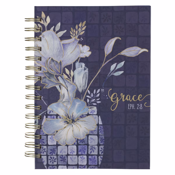 Grace Blue Floral Tile Spiral Journal - Ephesians 2:8