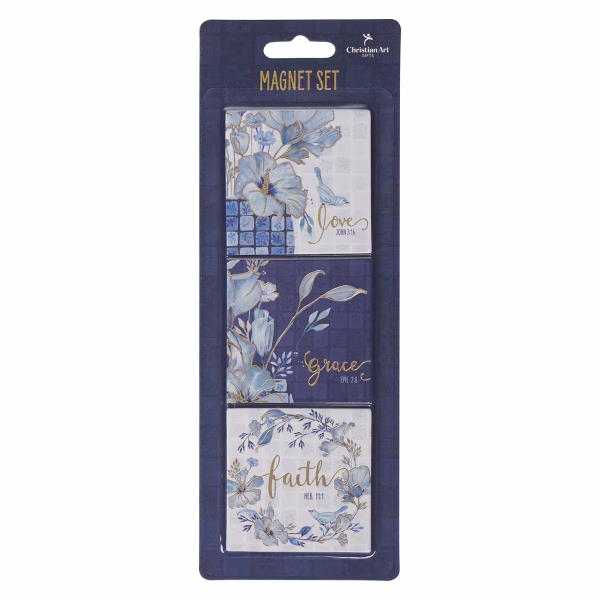 MGS091 Love, Grace, Faith Blue Floral Tile Magnet Set