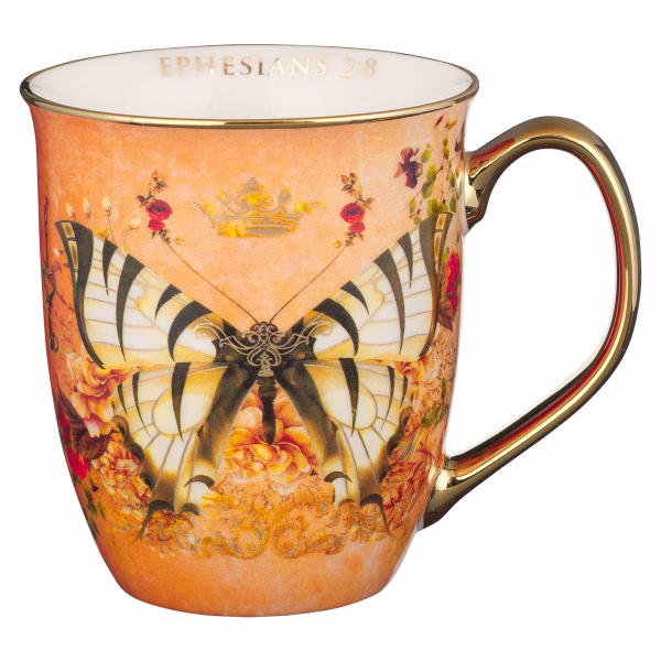 MUG1016 Grace Orange Butterfly Ceramic Coffee Mug - Ephesians 2:8