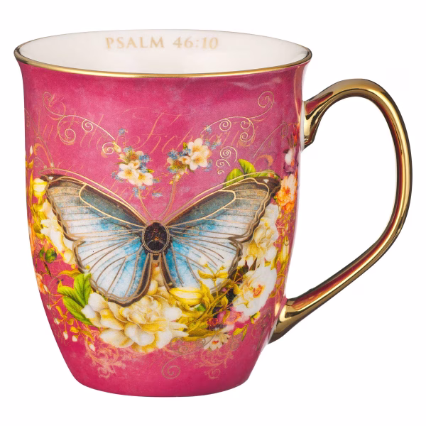MUG1018 Be Still Pink Butterfly Ceramic Coffee Mug - Psalm 46:10
