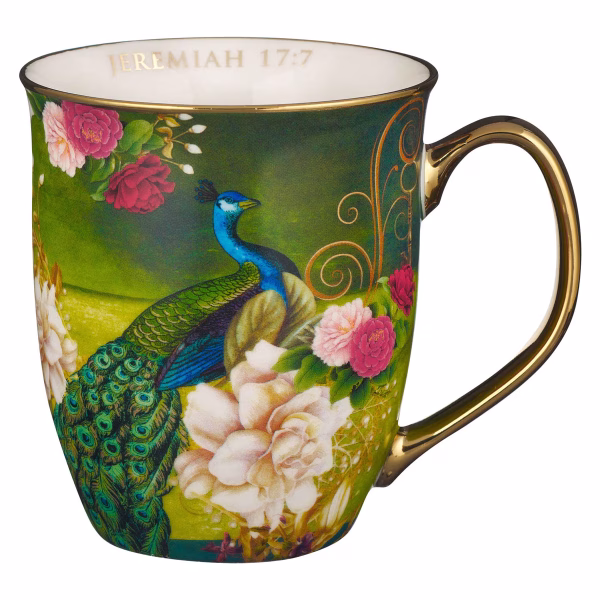 MUG1019 Blessed Blue Peacock Ceramic Coffee Mug - Jeremiah 17:7