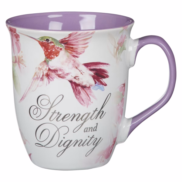 MUG1101 Strength and Dignity Hummingbird Purple Ceramic Coffee Mug - Proverbs 31:25
