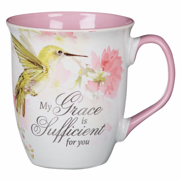 MUG1104 My Grace is Sufficient Hummingbird Pink Ceramic Coffee Mug - 2 Corinthians 12:9