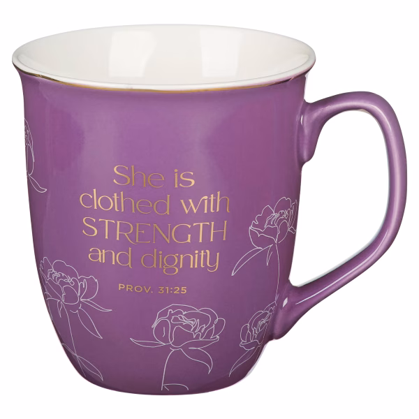 MUG1106 Strength and Dignity Plum Bloom Ceramic Coffee Mug - Proverbs 31:25