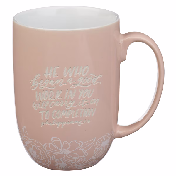 MUG1240 Good Work Pink Floral Ceramic Coffee Mug - Philippians 1:6