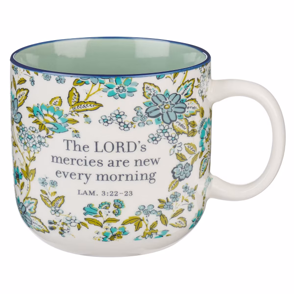MUG1265 Morning Mercies Blue and Green Floral Ceramic Coffee Mug - Lamentations 2:22-23