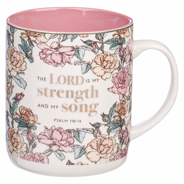MUG773 My Strength and My Song Pink Rose Ceramic Coffee Mug - Psalm 118:14