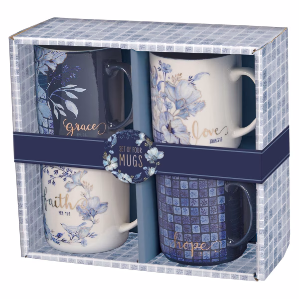 MUGS57 Blue Floral Tile Ceramic Mug Set of 4