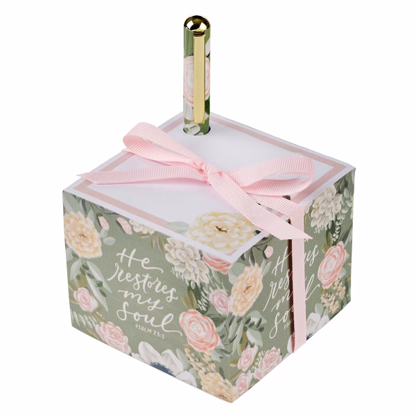 NP096 He Restores My Soul Green Floral Note Block and Pen Set - Psalm 23:3