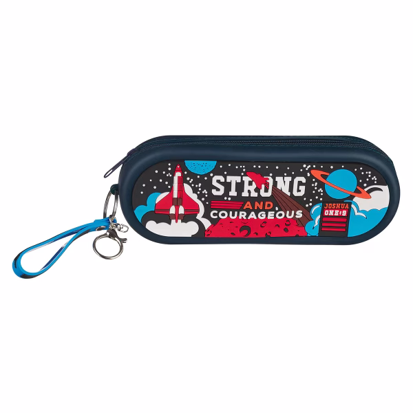 PCC009 Strong and Courageous Navy Silicone Pencil Case - Joshua 1:9