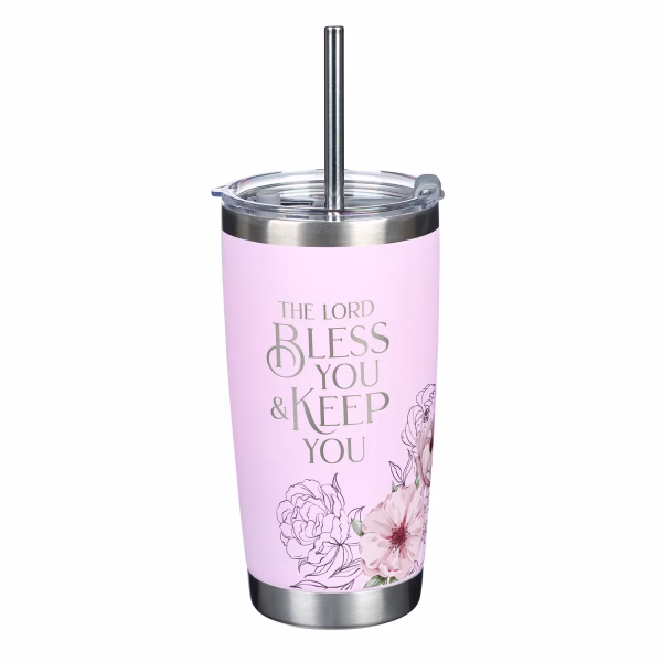 SMUG274 Bless You and Keep You Pink Floral Stainless Steel Travel Tumbler with Stainless Steel Straw - Numbers 6:24