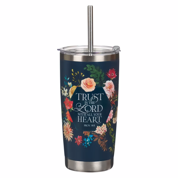 SMUG276 Trust Indigo Blue Floral Stainless Steel Travel Tumbler with Stainless Steel Straw - Proverbs 3:5