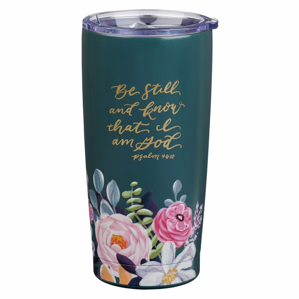 SMUG297 Be Still Teal Floral Stainless Steel Travel Tumbler - Psalm 46:10