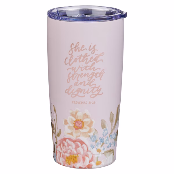 SMUG299 Strength and Dignity Pink Floral Stainless Steel Travel Tumbler - Proverbs 31:25