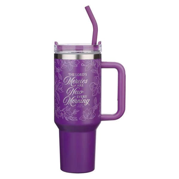 New Mercies Purple Floral 40 oz Stainless Steel Tumbler with Straw - Lamentations 3:22-23