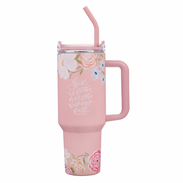 God is With Her Pink Floral 40 oz Stainless Steel Tumbler with Straw
