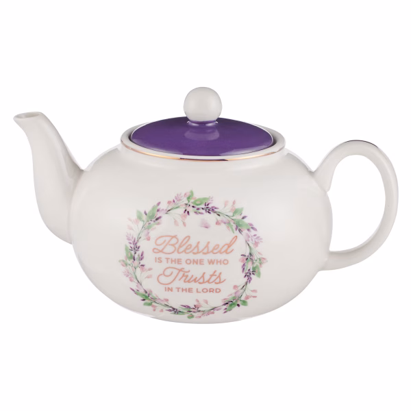 TEA015 Blessed Purple Floral Ceramic Teapot - Jeremiah 17:7