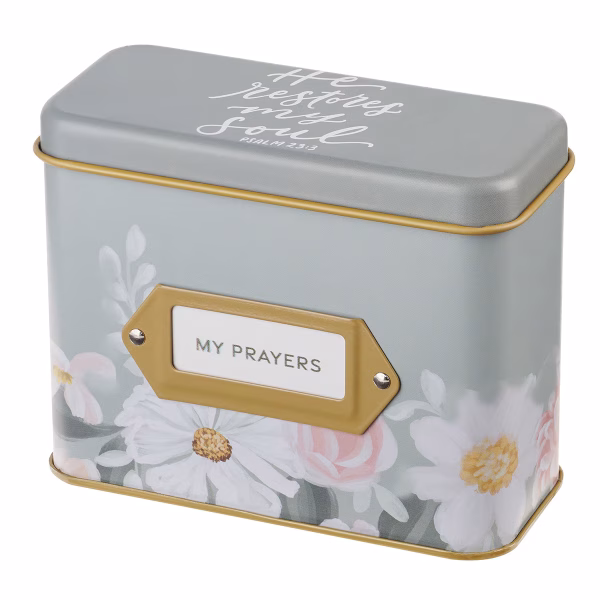 TIN058 He Restores My Soul Green Floral Garden Prayer Cards in a Tin - Psalm 23:3